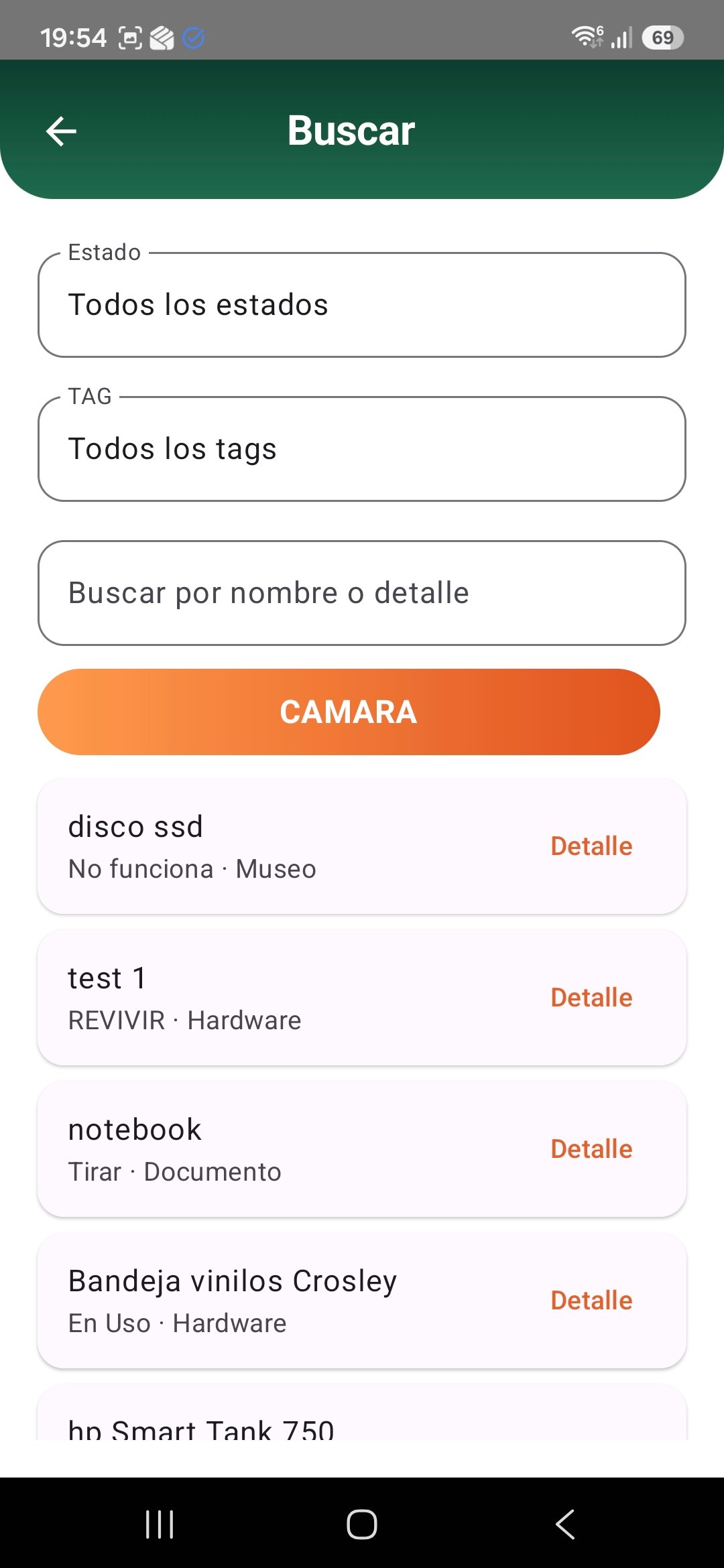 Pantalla de búsqueda con filtros de estado y tag