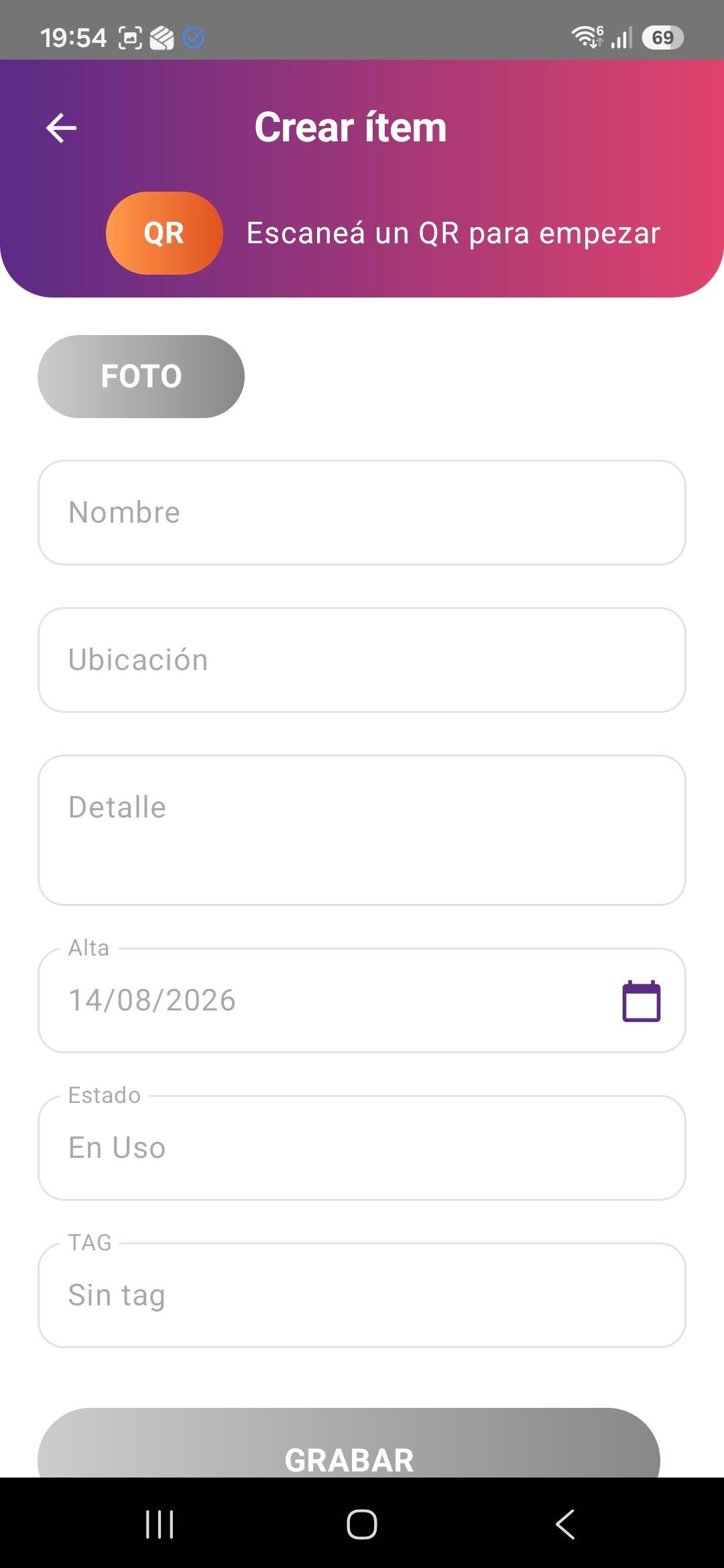 Pantalla para crear un ítem nuevo escaneando el QR